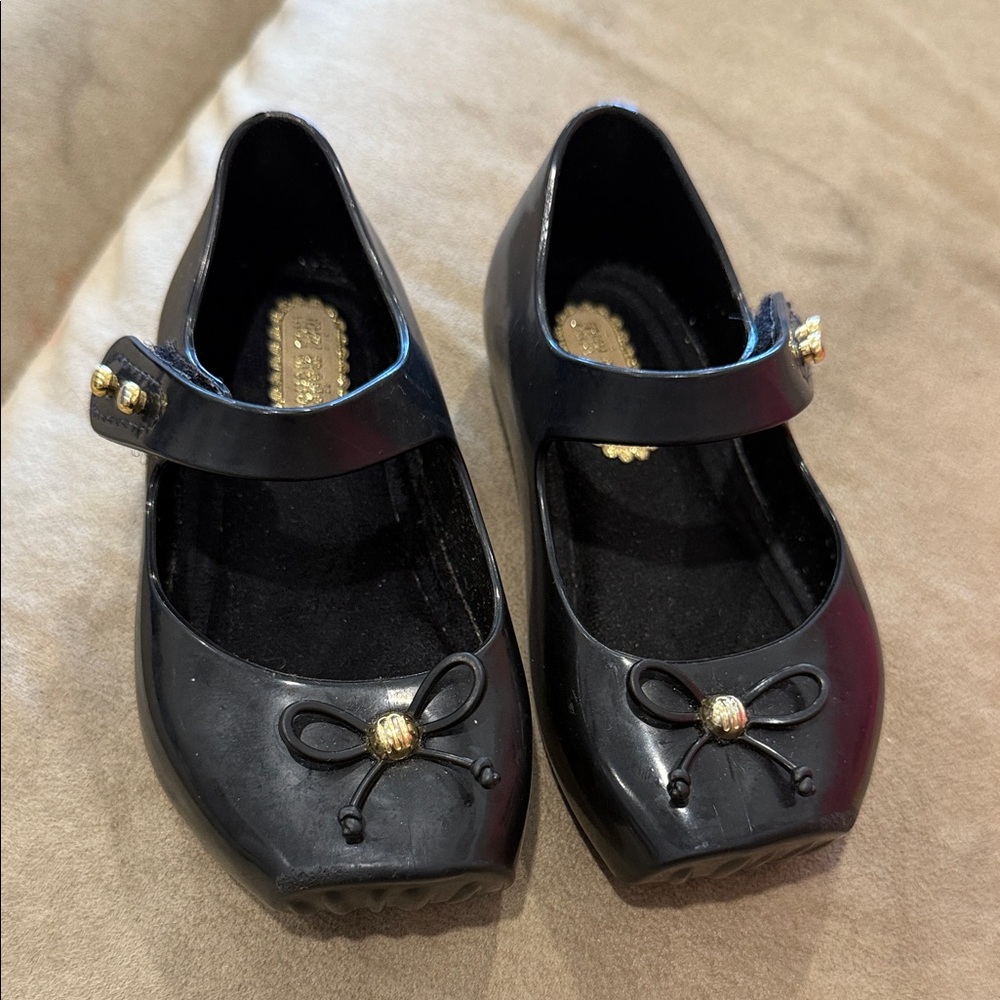 Mini Melissa Ballet Mary Jane with Black Bow and gold hardware
